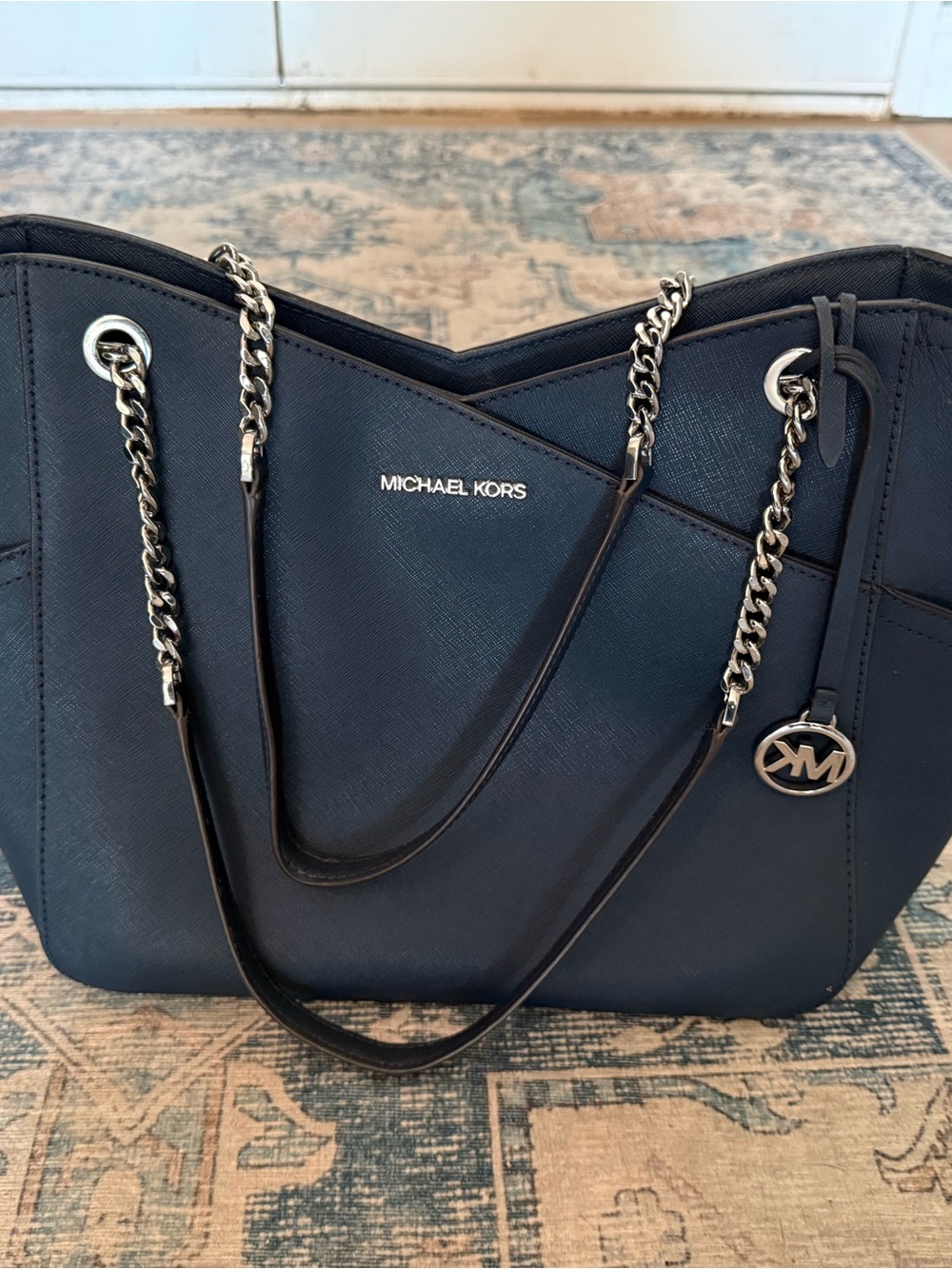 MICHAEL KORS Navy Saffiano Tote with Silver Chain Straps